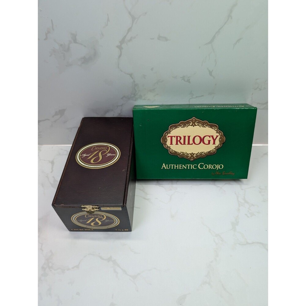Cusano 18 & Trilogy Corojo Wood Cigar Boxes Empty 2pc Lot Hinged